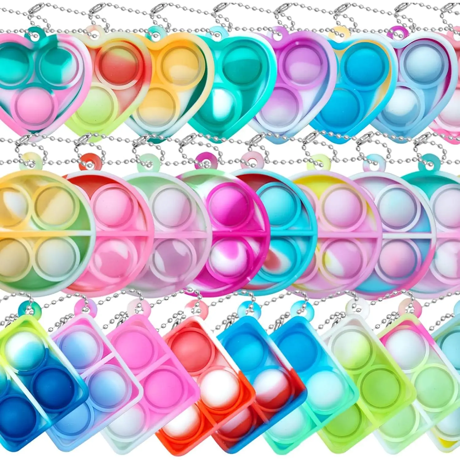 30-Pack Silicone Pop Fidget Keychain Multipack, Lightweight Durable Mini Fidget Toys for Stress Relief, Kids’ School Gifts, Birthday Goodie Bag Stuffers