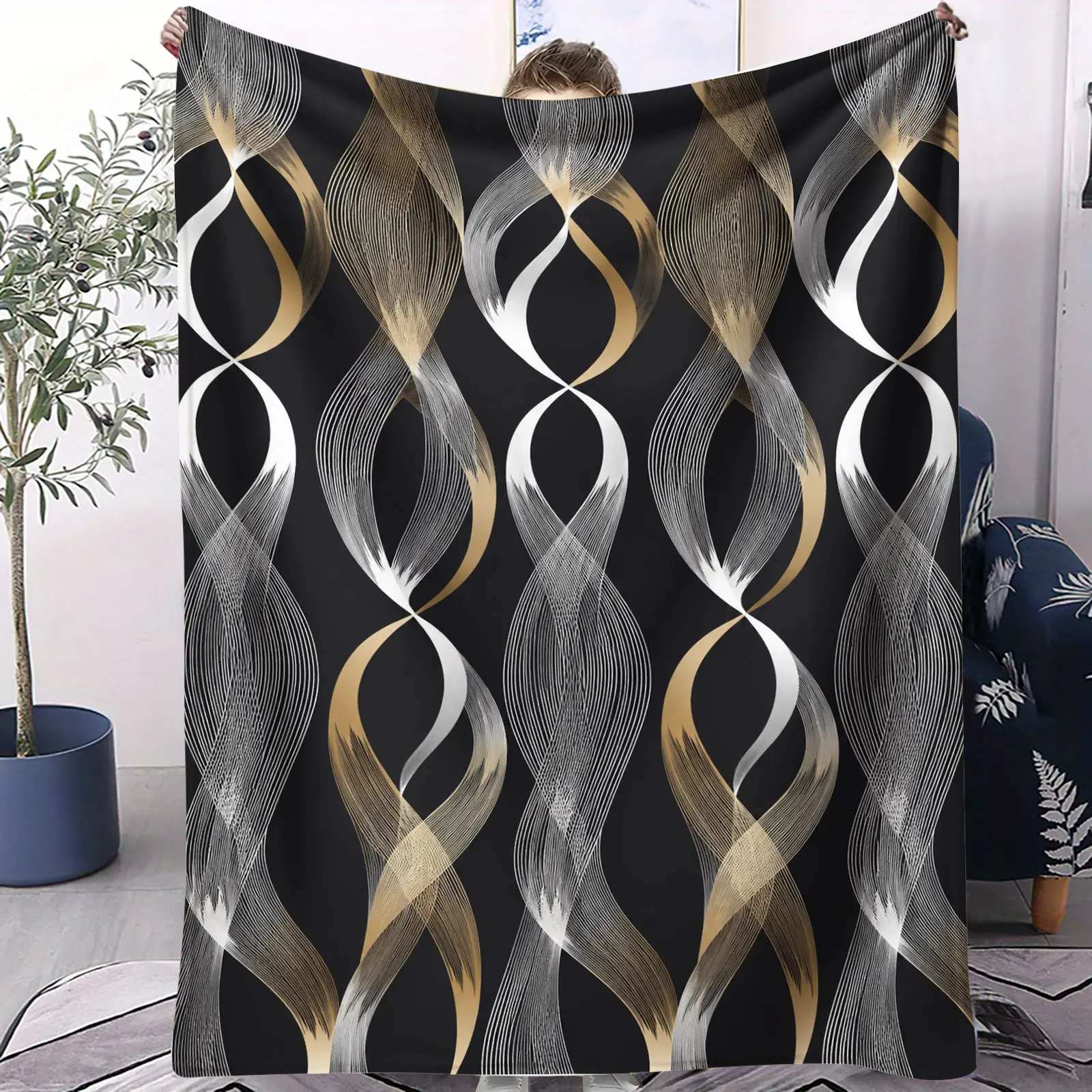 Modern Geometric Stripes Throw Blanket for Teens Adults, Fleece Throw Blanket Black Gloden Living Room Decor Lightweight All Season Abstract Stripe Flannel Blanket