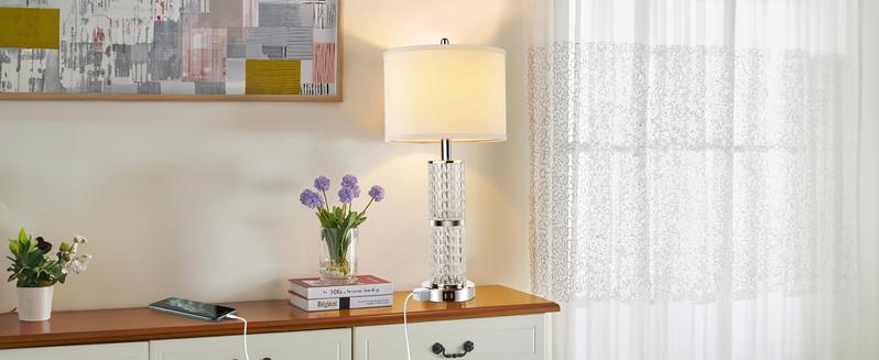 3-Way Touch Control Crystal Table Lamps Set of 2, Silver Modern Bedside Lamp with 2 USB Ports & AC Outlets for Living Room, 26' Tall Desk Lamps with White Drum Shade for Bedroom, 2 Free Bulbs Included