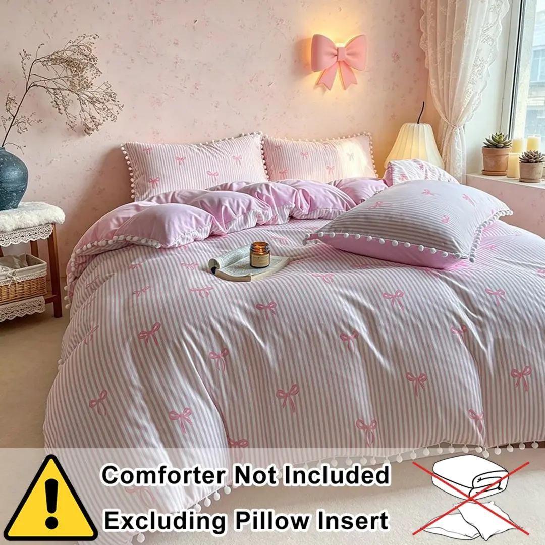 Cute vertical bow duvet cover set, Decorative duvet cover (2/3 set: 1 duvet cover + 1/2 pillowcase), with ball-shaped tassels design, cozy all-season bedding, available in 9 sizes, digital printing, suitable for bedrooms, guest rooms