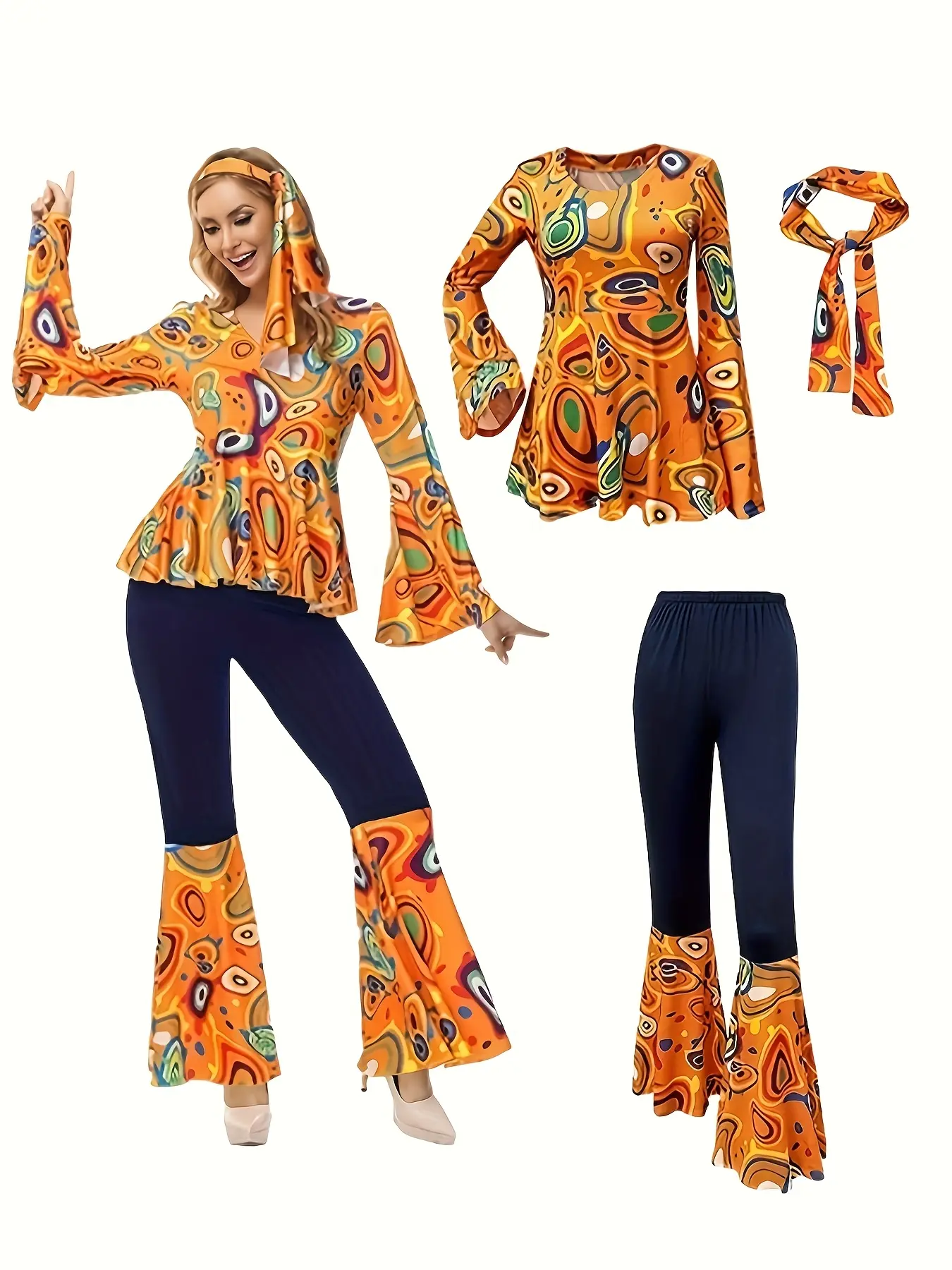 Disco Outfit for Women, 70S Hippie Costume, Includes Long Sleeved Shirt, Pants Cover, Headband, Orange