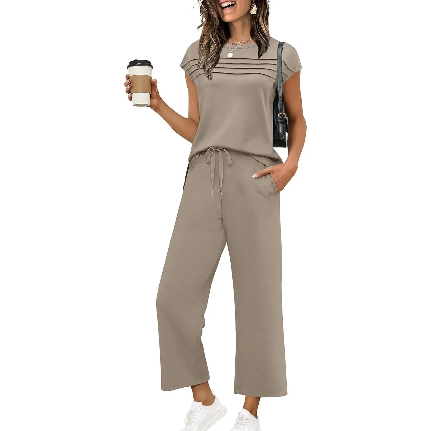 Two Piece Sets for Women Summer Spring Travel Vacation Outfits Cap Sleeve Lounge Matching Sets Wide Leg Pants S-3XL