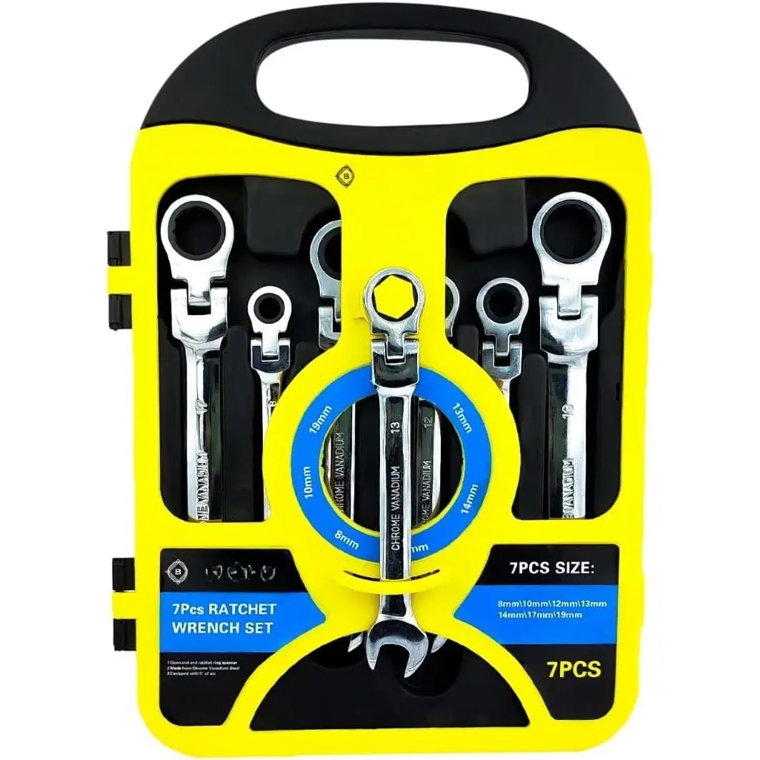 7- Flex- Metric Ratcheting Wrench Set Metric 8 to 19mm Standard Spanners CR-V Steel with Organizer Rack