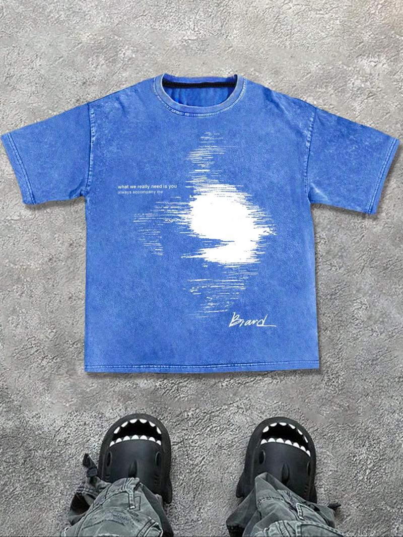 Men's Regular Fit Plain Wave Print Short Sleeve Graphic Tee Casual Style Tee Comfy Round Neck T-shirt for Summer, Fashion Men's Top for Daily Wear, Cotton