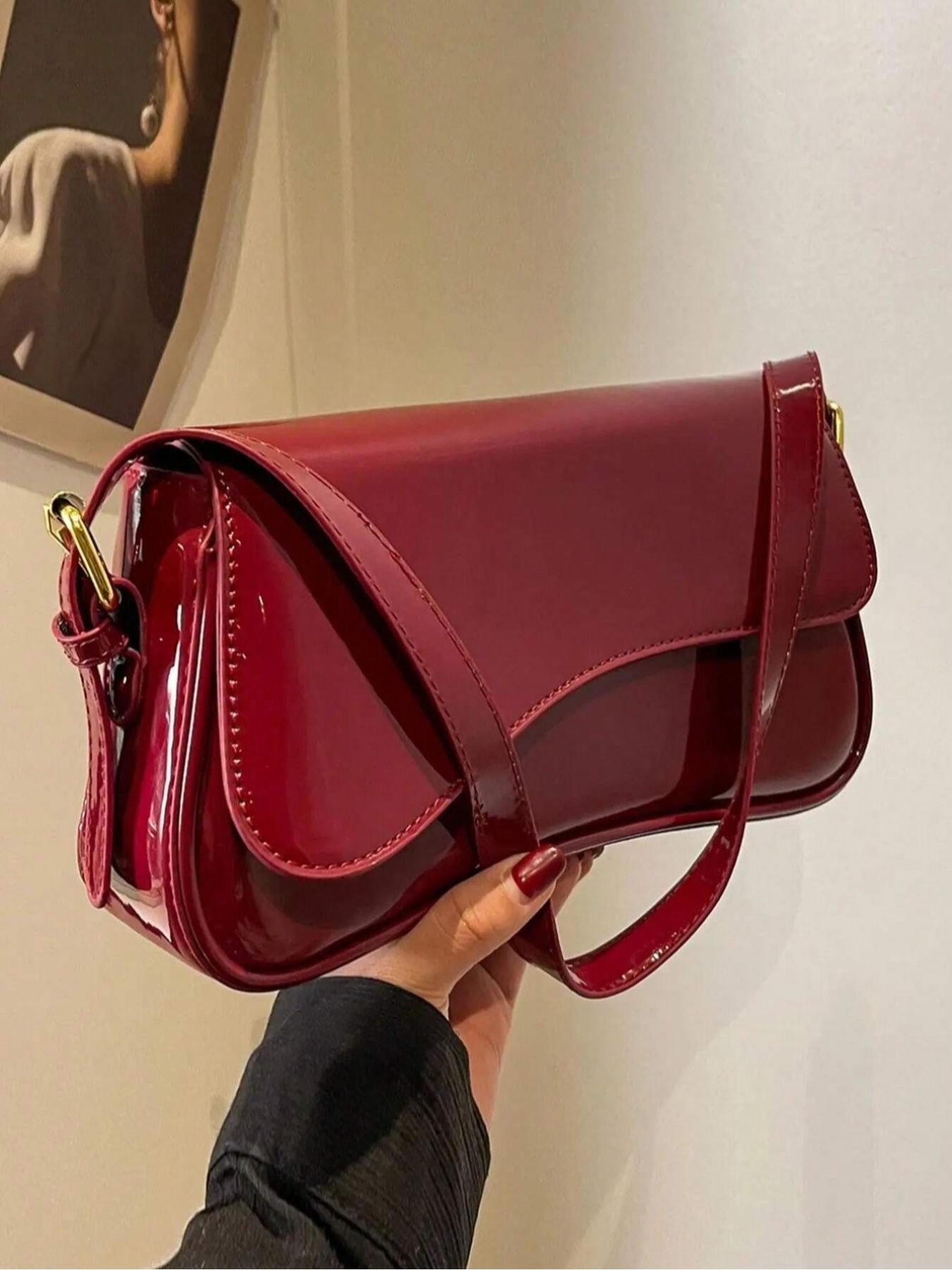 Women's Solid Color Shoulder Bag, Fashionable Patent Leather Crossbody Bag for Daily Used, Casual Trendy Versatile High-quality Daily Commuting Bag