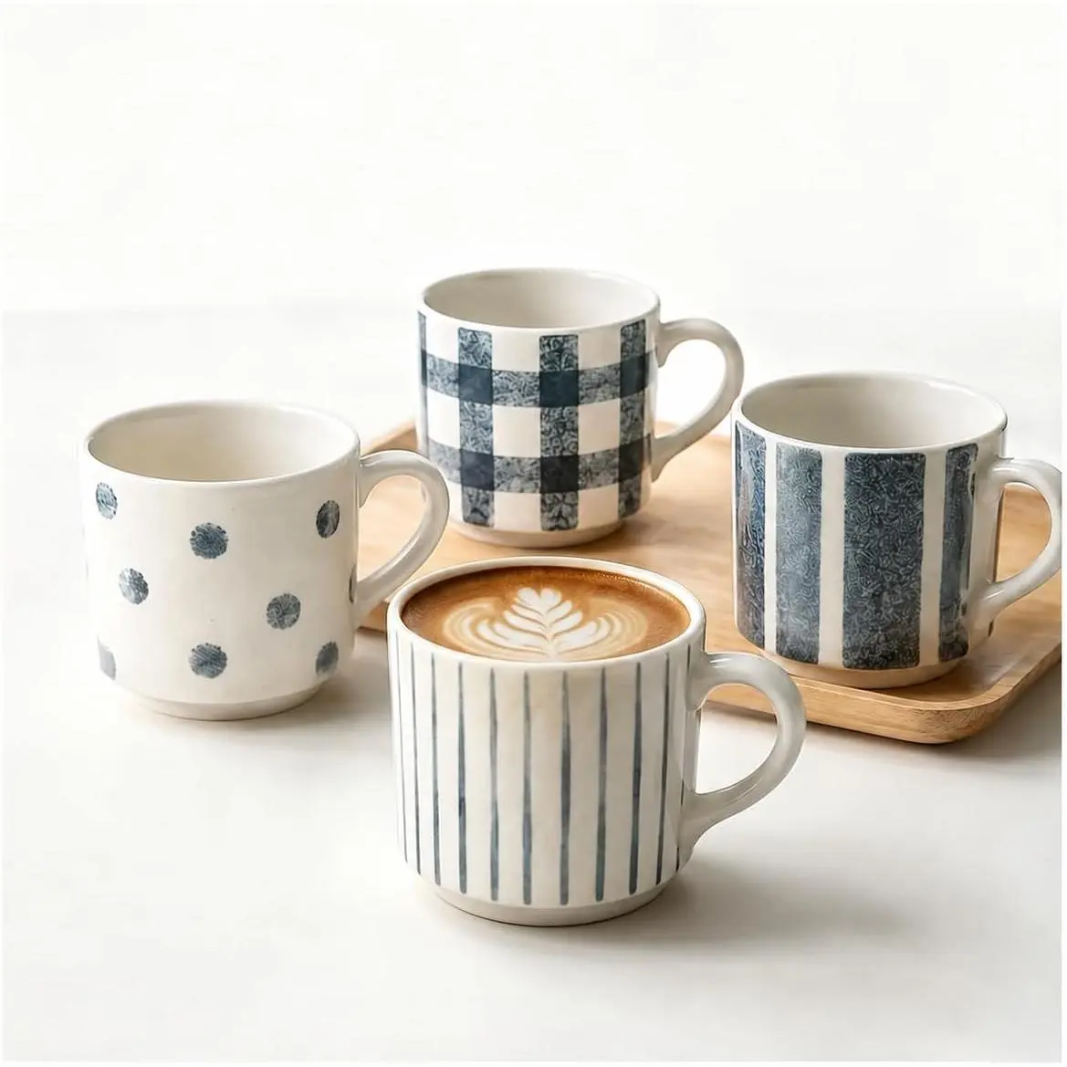 Ceramic Coffee Mugs Set of 4, 10 oz Blue and White  Cups | Aesthetic Hand Painted Mugs for ,  Geometric Mug Set for Coffee, , Latte and Cappuccino, Microwave Safe