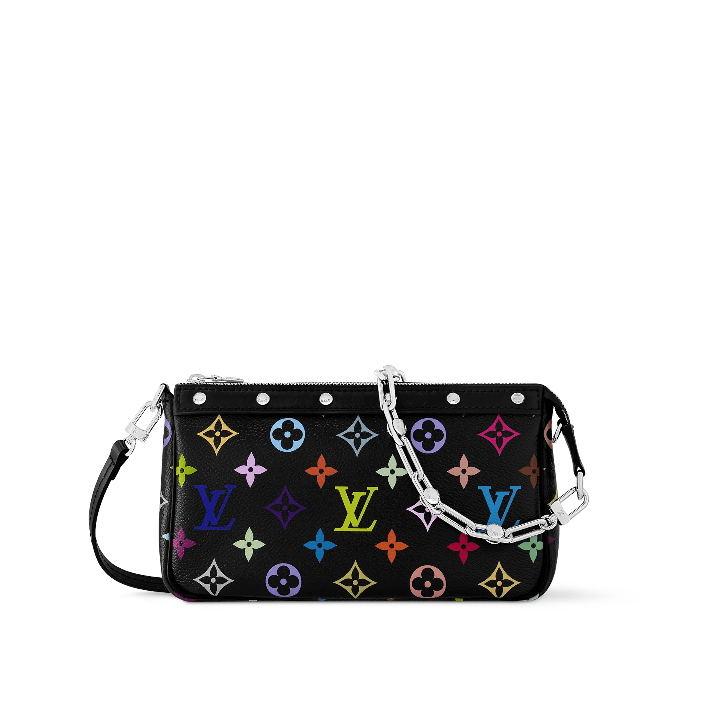 Louis Vuitton x Takashi Murakami Pochette Accessories Handbag for Women, Black Coated Canvas with Leather Trim