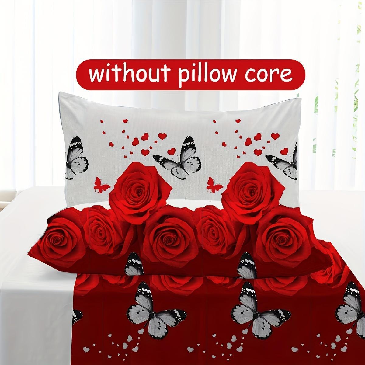 Rose & Butterfly Pattern Bedding Set, Including 1 Fitted Sheet & 1 Flat Sheet & 2 Pillowcases (No Pillow Inserts), Bedding Supplies for Home Bedroom Hotel
