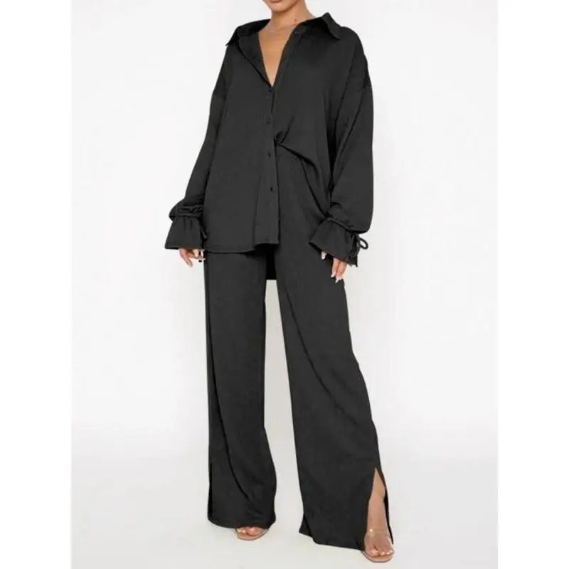 Plus Size Solid Button Front Drawstring Blouse &  Split Pants Two-piece Set, Casual Drop Shoulder Flounce Sleeve Top & Pocket Trousers for Daily Outdoor Wear, Women's Two-piece Outfits for Fall & Winter