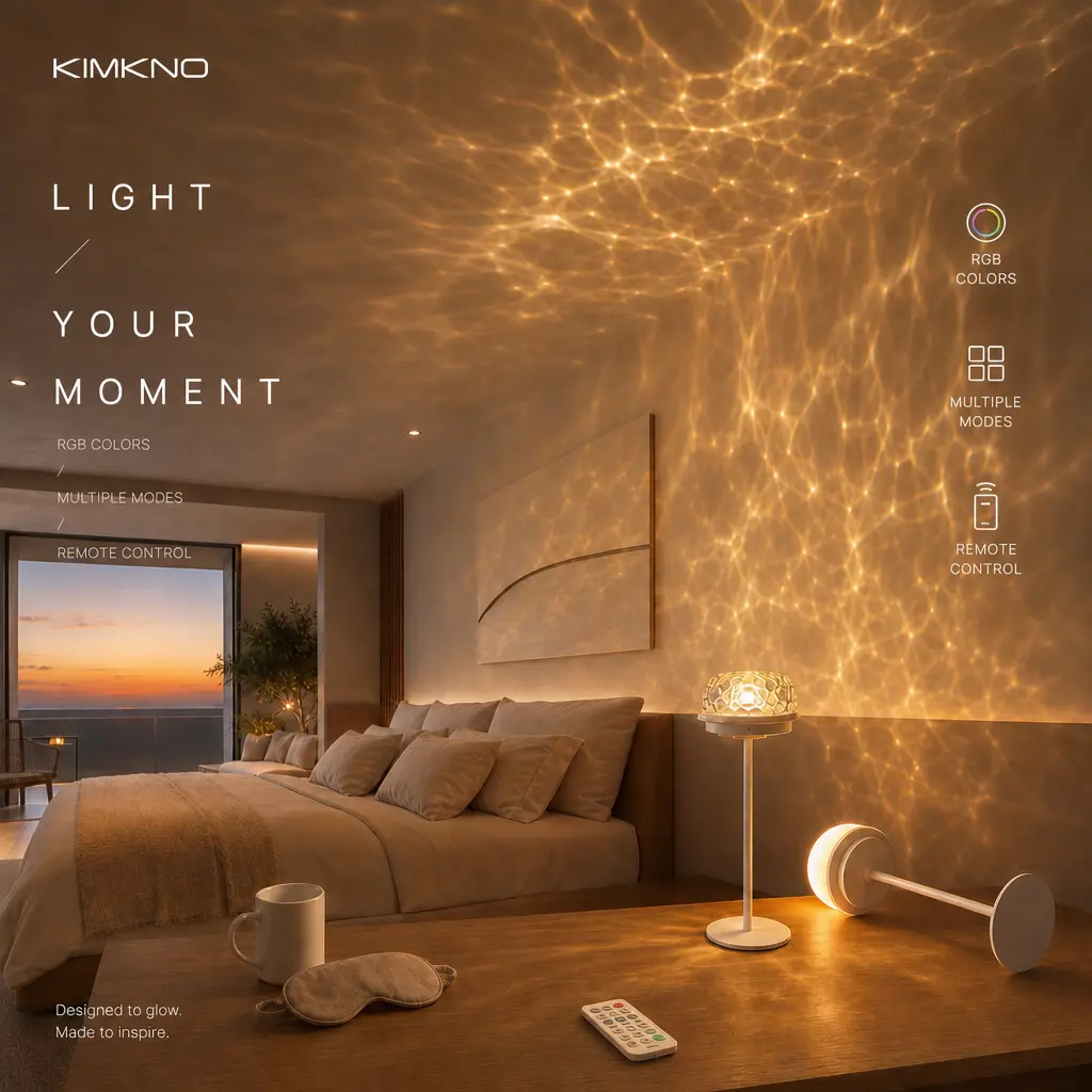 KIMKNO 2-in-1 Ocean Wave Projector Night Light - Rechargeable Cordless Touch Control Table Lamp, IP44 Waterproof Dimmable RGB Water Ripple Mood Light with Removable Shade for Bedroom Nightstand Relaxing Sleep Decor romantic color music rhythm aurora
