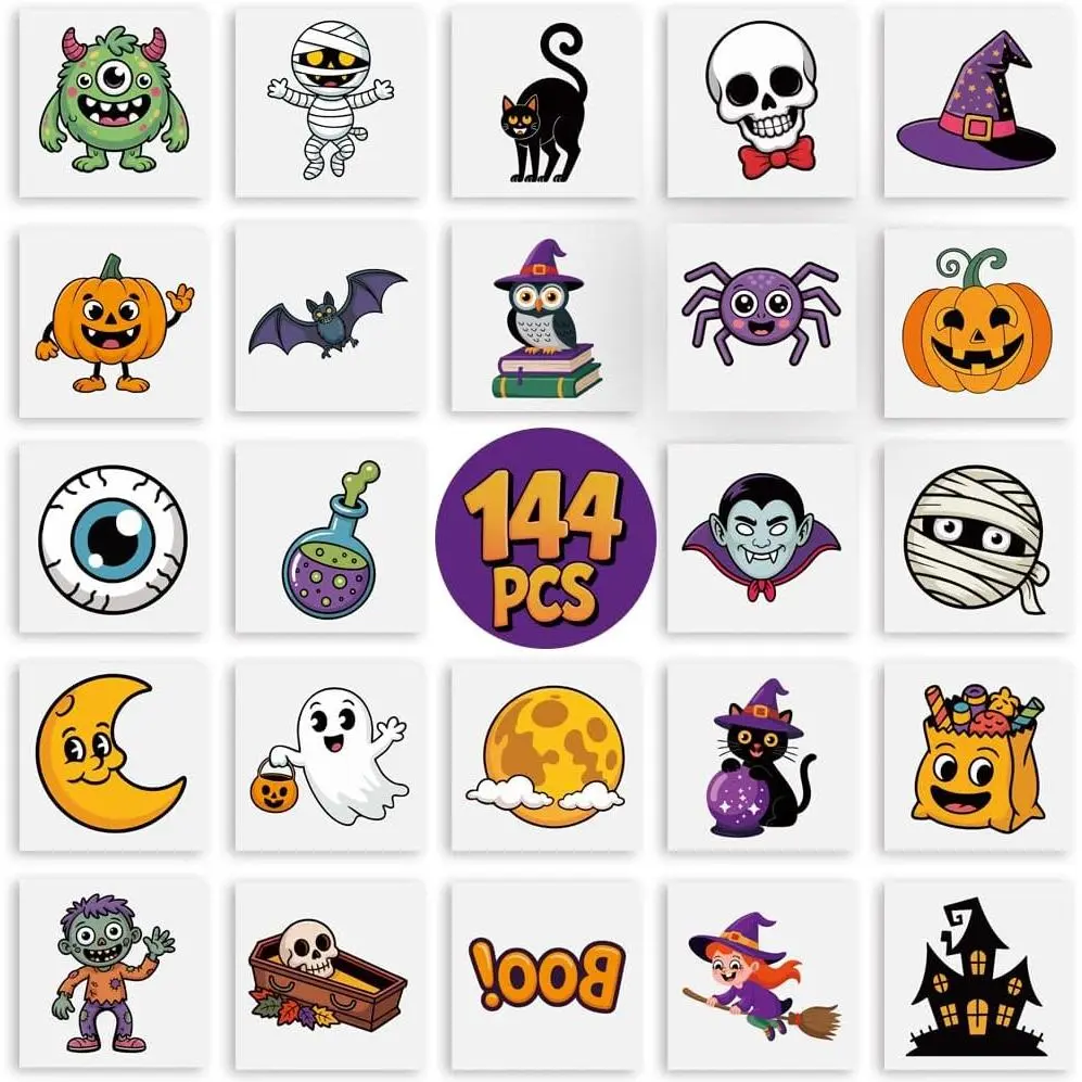 144PCS Fun Halloween Temporary Tattoos for Kids - 24 Unique Child-Friendly Designs, Perforated Sheets, Trick-or-Treat Party Favors, Baby Costume Accessories New Model
