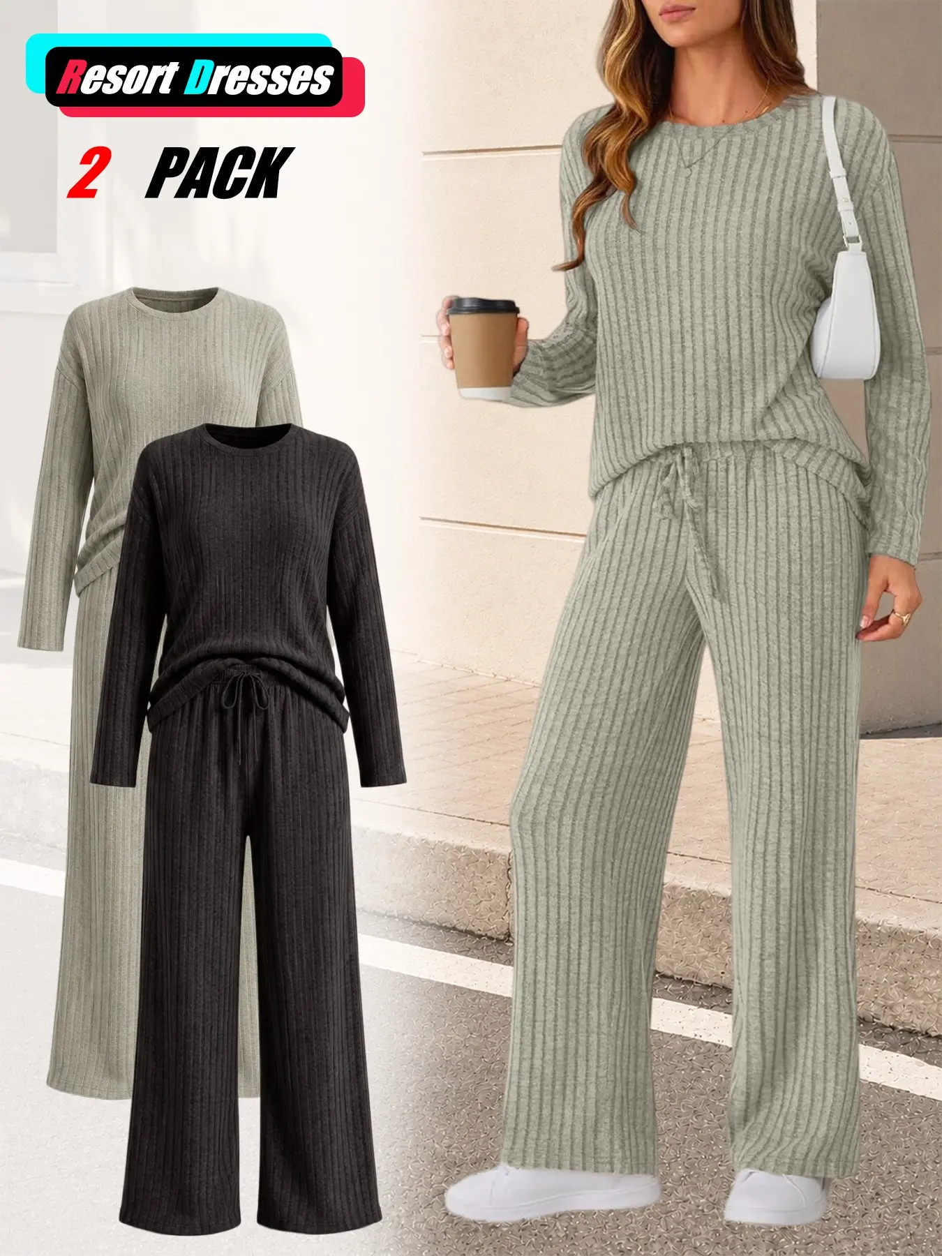 Women's Ribbed Knit 2 Piece Set, Long Sleeve Crew Neck Top & Drawstring Adjustable Wide Leg Pants with Pocket, Casual Matching Outfit, Soft Stretchy Lounge Set for Women, Chic Everyday Wear & Street Style