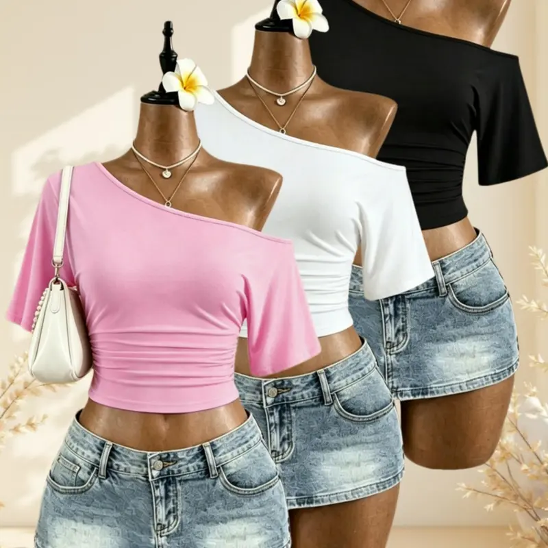 Y2K Sweet Cool Summer One-Shoulder Top, Polka Dot and Solid Color Combo, Casual Slim-Fitting Short Sleeve Set for Women Cute Casual Top