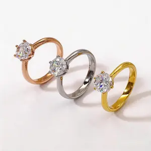 Women's Classic Titanium Steel Ring with Gold-Plated Prongs, Large Zirconia, Versatile Wedding Design Costume Jewelry
