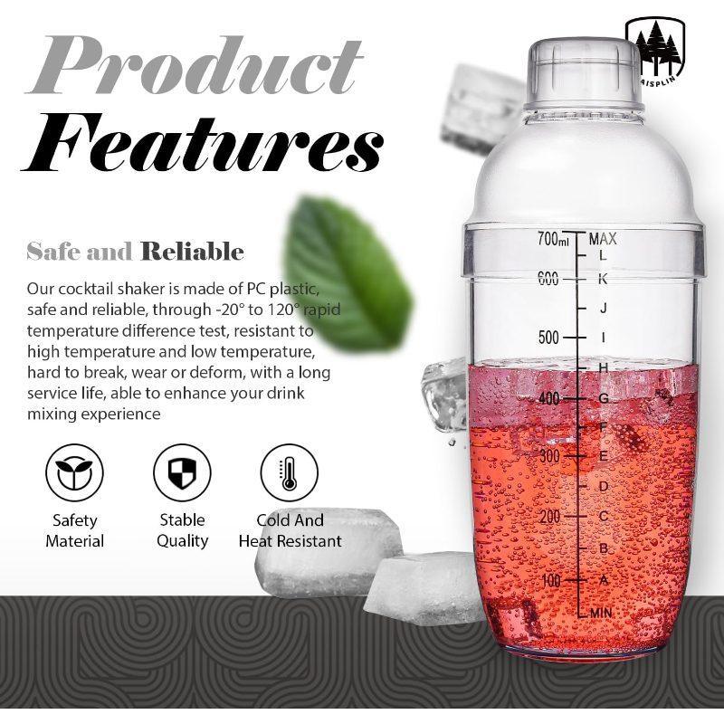 2pcs 24Oz Plastic Cocktail Shaker Set with Black Scales, Raisaplin Hand Drink Mixer Tea Shaker Cup Bartender Additions Bar with 2pcs Double Measuring Jigger Bar Coffee Kitchen Party