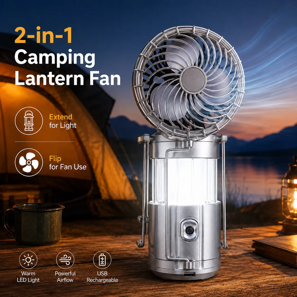 New Folding Electric Lantern with Fan - Battery-Powered LED Lamp, Solar & Rechargeable, Camping Essentials for Outdoor & Emergency Use，Camping Lights , LED Work Portable hurricane power outage Flashlight Laser