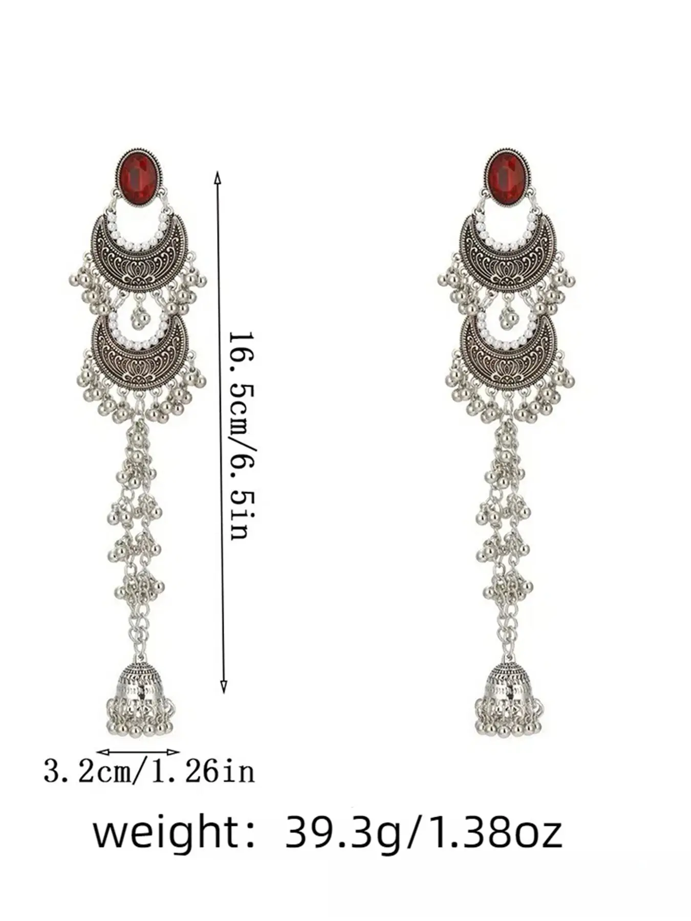 1 Pair Vintage Silver Indian Jhumka Earrings for Women, Emerald Green Gemstone Chandbali Crescent Drop Earrings, Long Tassel Ghungroo Bell Dangle Earrings, Boho Tribal Festival Bollywood Bridal Jewelry (1 Pair)
