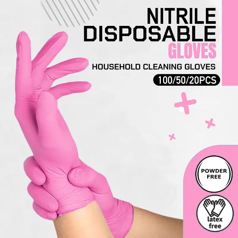 100/50/20 pcs, durable rose-pink nitrile gloves, odor-free, suitable for kitchen dishwashing, bathroom cleaning, tattooing, painting, beauty treatments, pedicures, hair coloring, hotel and pet care—an essential for household cleaning.