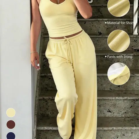 Casual Tank Top and Loose Wide-Leg Pants Set, Sport Casual Outfit, High Stretch Fitness Yoga Wear, Comfortable and Stylish Two-Piece Set for Women, Sleeveless Matching Set, Athleisure Wear Set, Athleisure Summer Clothes
