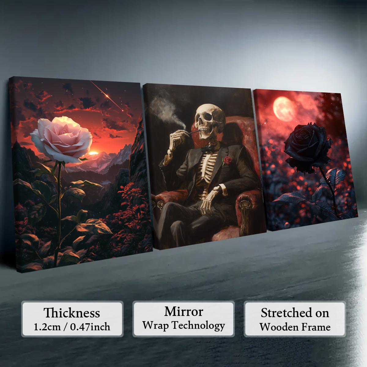 Skull Pattern Canvas Painting, 3 Counts/set Creative Wall Art Poster, Wooden Wall Art, Wall Art Decor for Home Living Room Bedroom Office