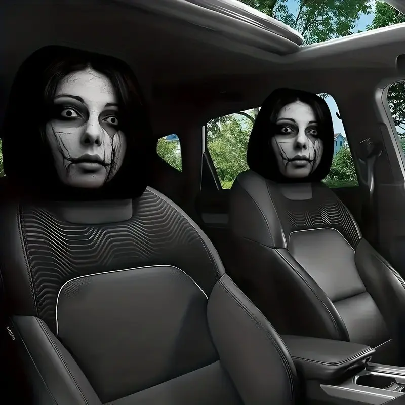 2Pcs Creepy Cracked Ghost Lady Car Headrest Covers, Dark Horror Car Head Rest Protectors, Halloween Spooky Car Interior Accessories, Gothic Car Accessories