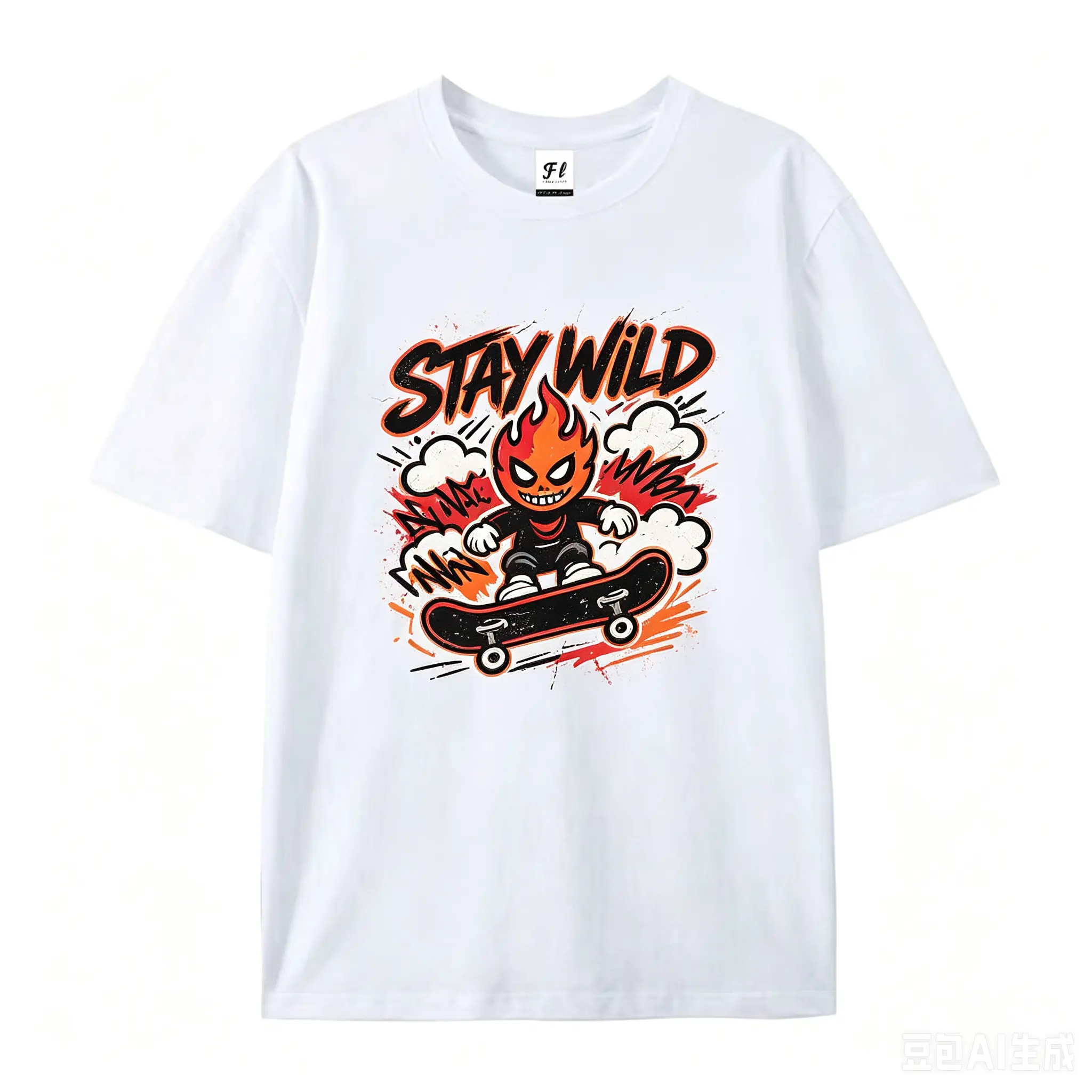 Men's Oversized Retro Short-Sleeve Cotton T-Shirt - Stay Wild Flame Skateboard Cartoon Graphic, Menswear Tops, Streetwear Outfit, Comfortable Casual Tee, Ideal Gift For Him