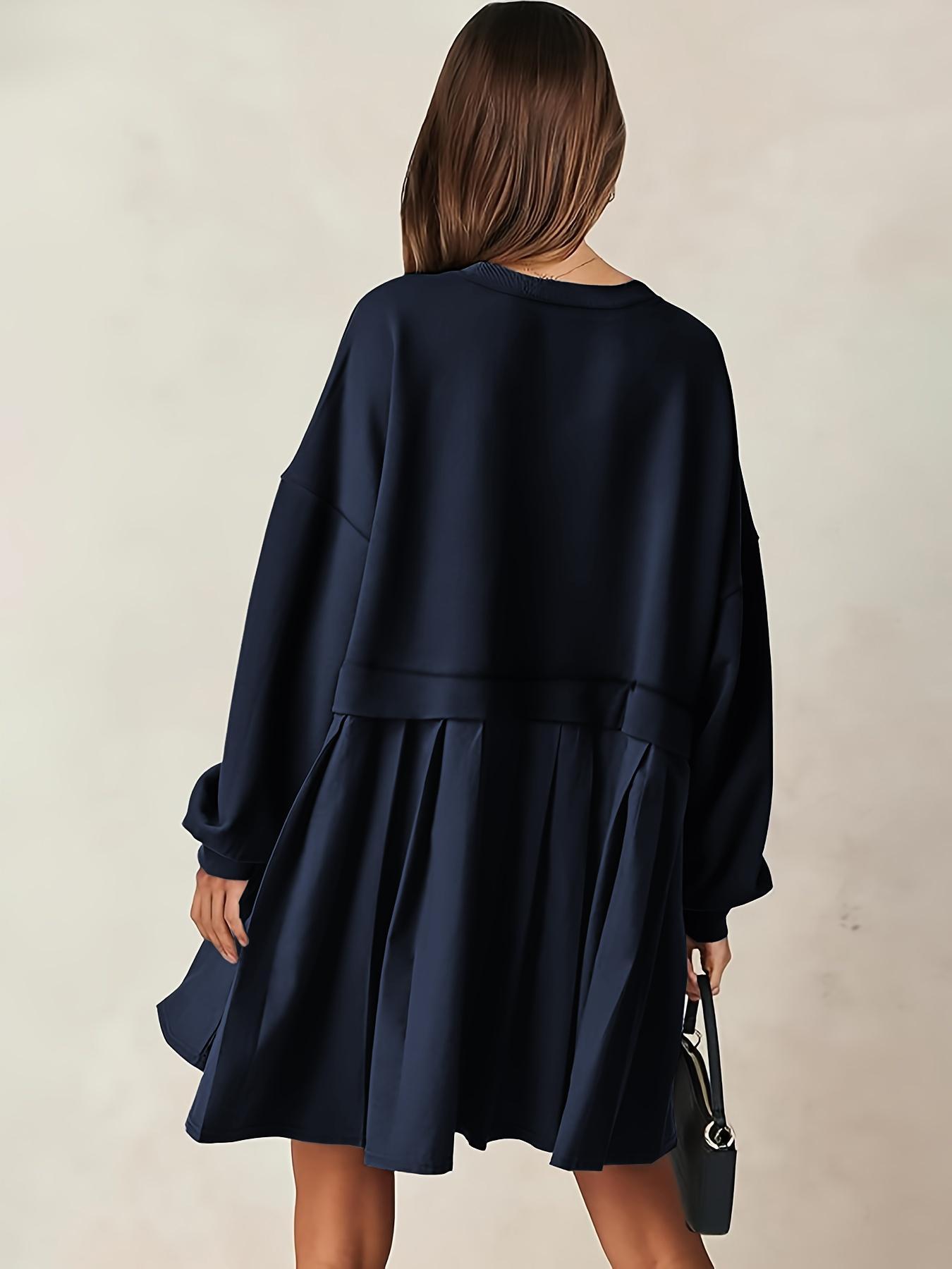 【Plus Size】 Solid Color 2 in 1 Smock Dress, Casual Basic Drop Shoulder Long Sleeve Fitted Short Dress for Fall & Winter, Women's Clothes for Daily Wear, Womenswear