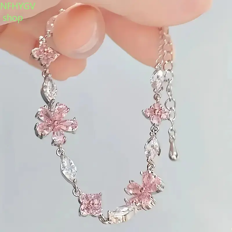 Women’s Pink Cherry Blossom Charm Bracelet, 1Pc Adjustable Square Petal Chain Jewelry, Exquisite Mini Cute Girly Accessories for Daily Styling And Holiday Gifting