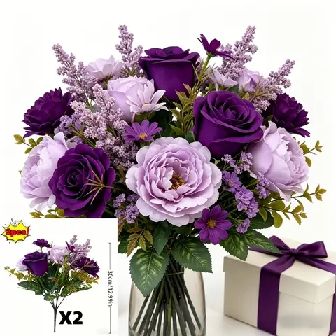 2 Bundles Artificial Silk Flowers, Fake Roses, Daisies, Chrysanthemums, Faux Lavender Flowers, Low Maintenance Decorative Bouquets for Home Office Party Wedding, Faux Floral Decor