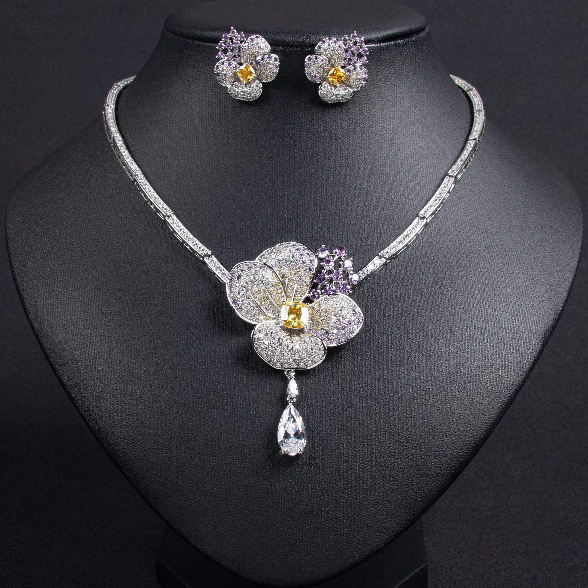 Luxury Floral Zircon Jewelry Set, Bridal Wedding Necklace & Earrings, Statement Bridal Prom Accessory