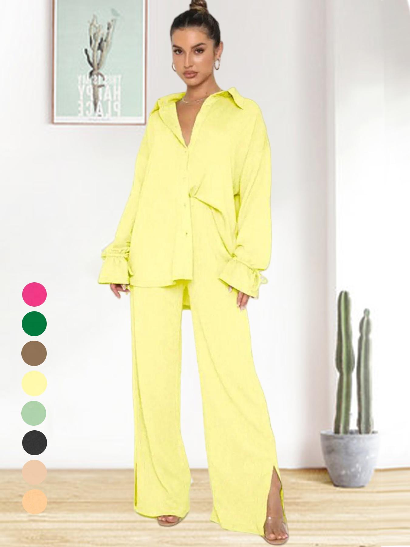 Women's Solid Color Button-Up Shirt with Split Pants Set, Casual Ruffle Sleeve Top and High Waist Wide Leg Trousers for Spring Summer Style