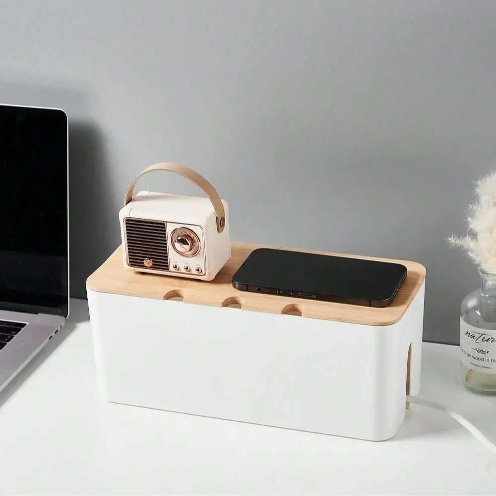 Cable Organizer Box with Wooden Cover, Wide Wire Management Box, Wire Organizers, Safe Socket Protector for Table or Floor, Ideal for Home and Office