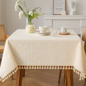 1pc Daisy Embroidered Polyester Tablecloth – Beige Floral Minimalist Water & Oil Resistant Anti-Static Easy Clean for Home, Cafe, Wedding Round or Square Table