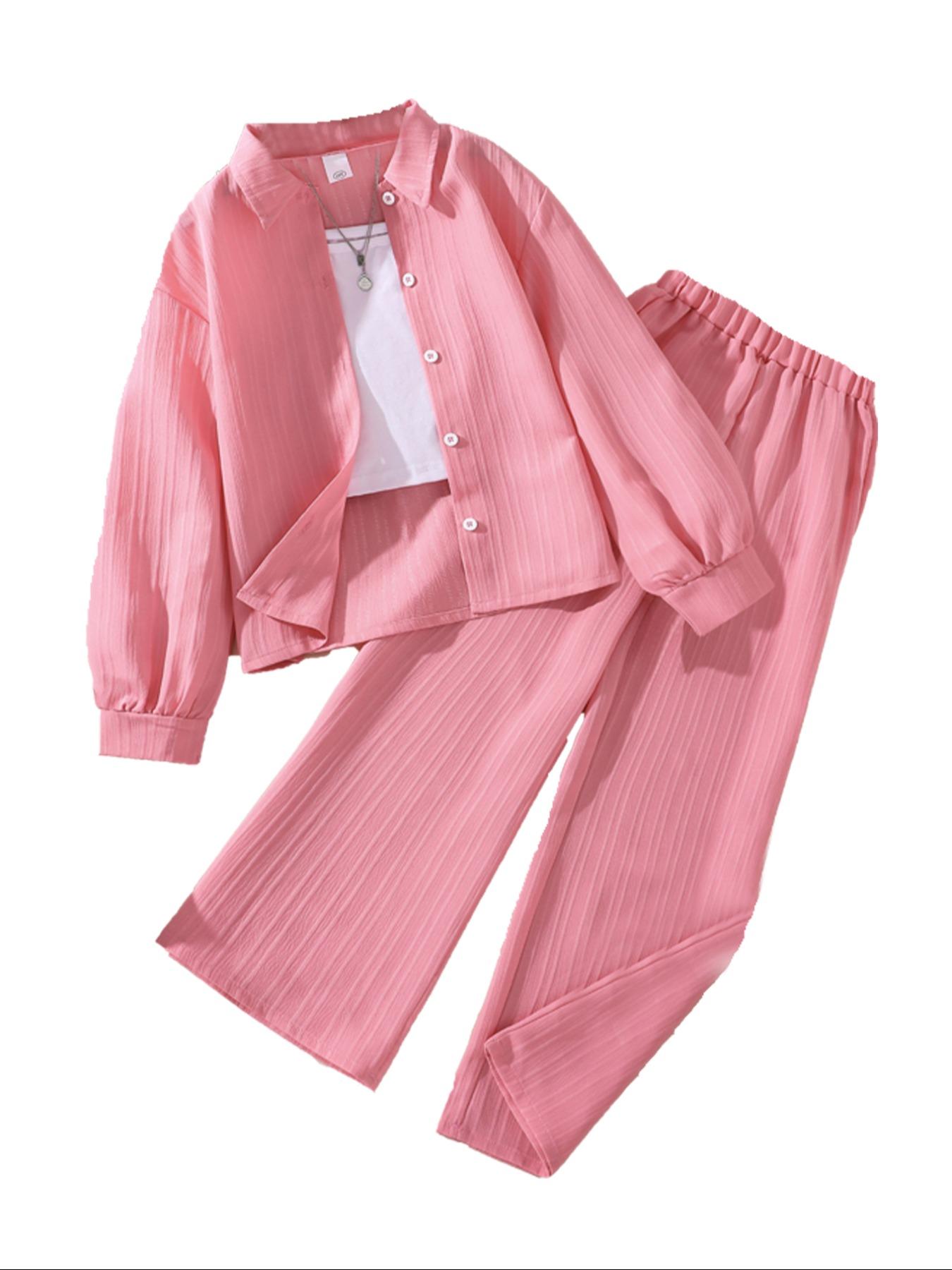 Two-piece Set Girl's Solid Color / Bow Pattern Shirt & Pants Set, Suits, Casual Long Sleeve Collared Top & Trousers for Spring & Fall, Kids Clothes for Daily Wear