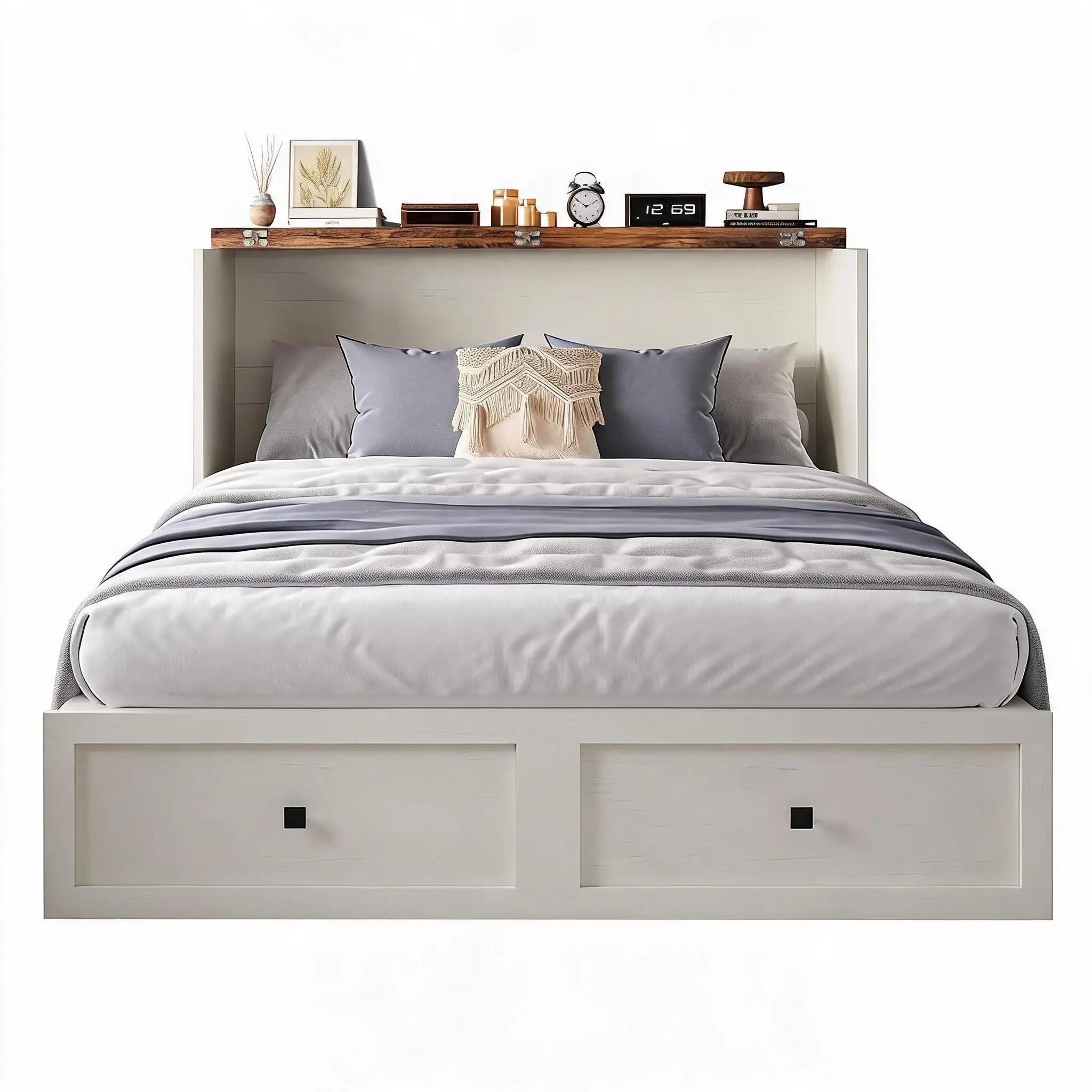 Farmhouse Style Full Size Murphy Bed Cabinet with Charging Station – Heavy Duty Fold-Down Wall Bed, 900lbs Support, Spacious Storage for Bedroom, Living Room or Office