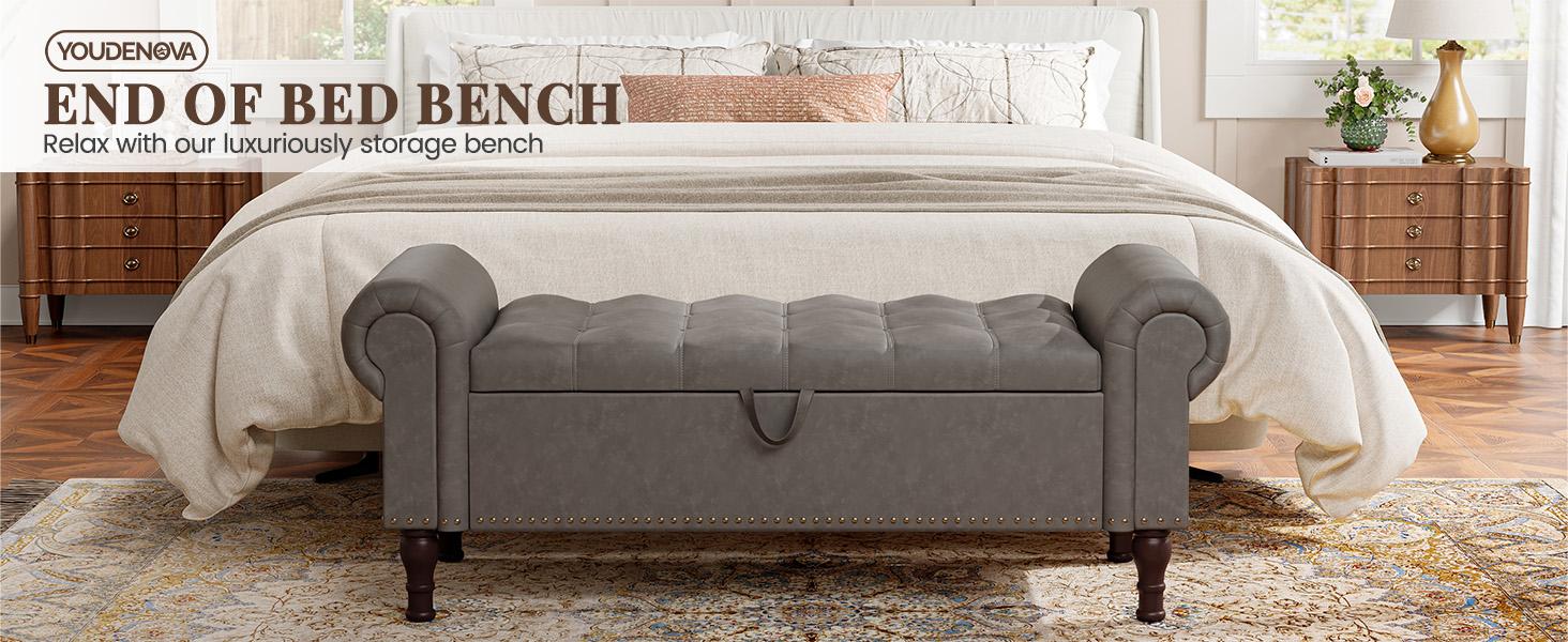 YOUDENOVA Storage Bench for Bedroom, 51/60" Queen/King Size Storage Bench, Cushioned Stool Upholstered Bedroom Bench with Rolled Arms and Vintage Rivets for Living Room, Storage Room, Entryway SpringBreak