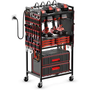 Large Power Tool Organizer Cart with Charging Station, Garage Floor Standing Rolling Drill and Tools Battery Storage Cart on Wheels, Heavy Duty Utility Rack Shelf with 8 Outlet Power Strip, Red