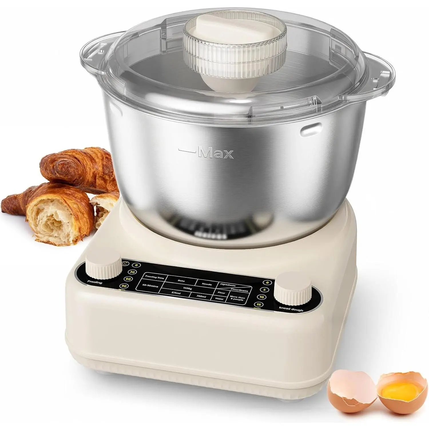 Electric Dough Maker with Ferment Function, 6.5QT Stand Dough Mixer, Dough Kneading Machine with 304 Stainless Steel Bowl, Removable Lid & Knob Control, Ideal for Bread, Pizza, Pasta - Almond Cream