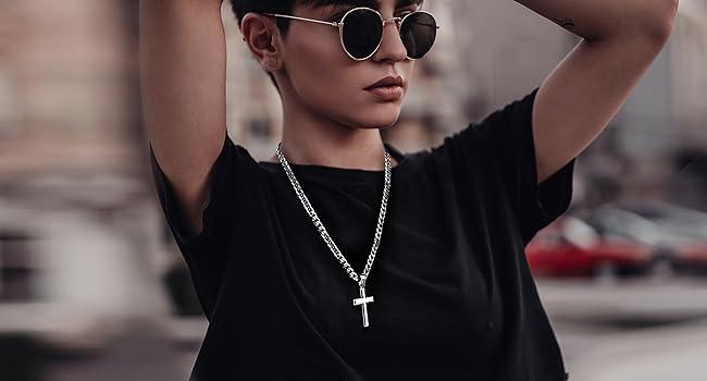 Fansilver Cross Necklace for Men Women 5mm Big Beveled Edge Men's Stainless Steel Durable Cuban Link Chain Curb Chain Crucifix Cross Pendant Necklace Jewelry Gifts 16-30 Inches