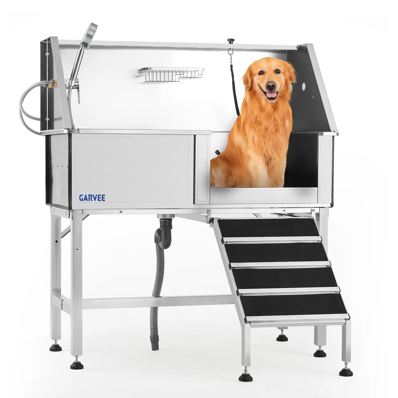 46-Inch Brushed Stainless Steel Pet Washing Station with Walk-In Ramp, Right-Side Door