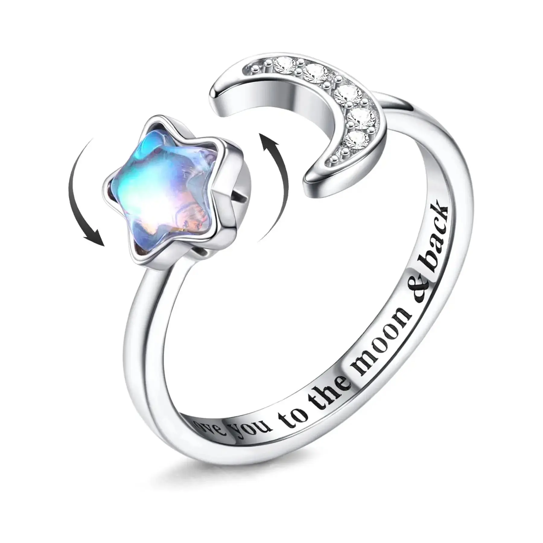 Fidget Decompression Anxiety Relief Ring for Women Kids Girls Anxiety Rings Open Adjustable Silver Sunflower Opal Moonstone Star Moon Snow Lotus Spinner Mood Rings Knuckle Rings Statement Rings Stackable Rings Anxiety Relief Jewelry