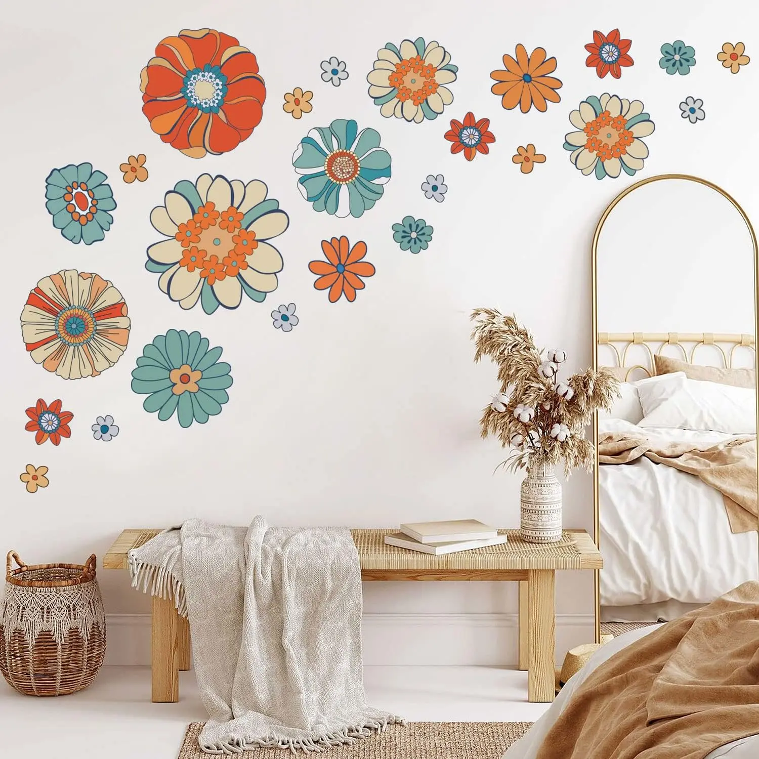 Boho Retro Floral Wall  Large  Hippie Daisy Flower Wall Stickers for Bedroom Living Room, Offices Sofa TV Backdrop Decoration