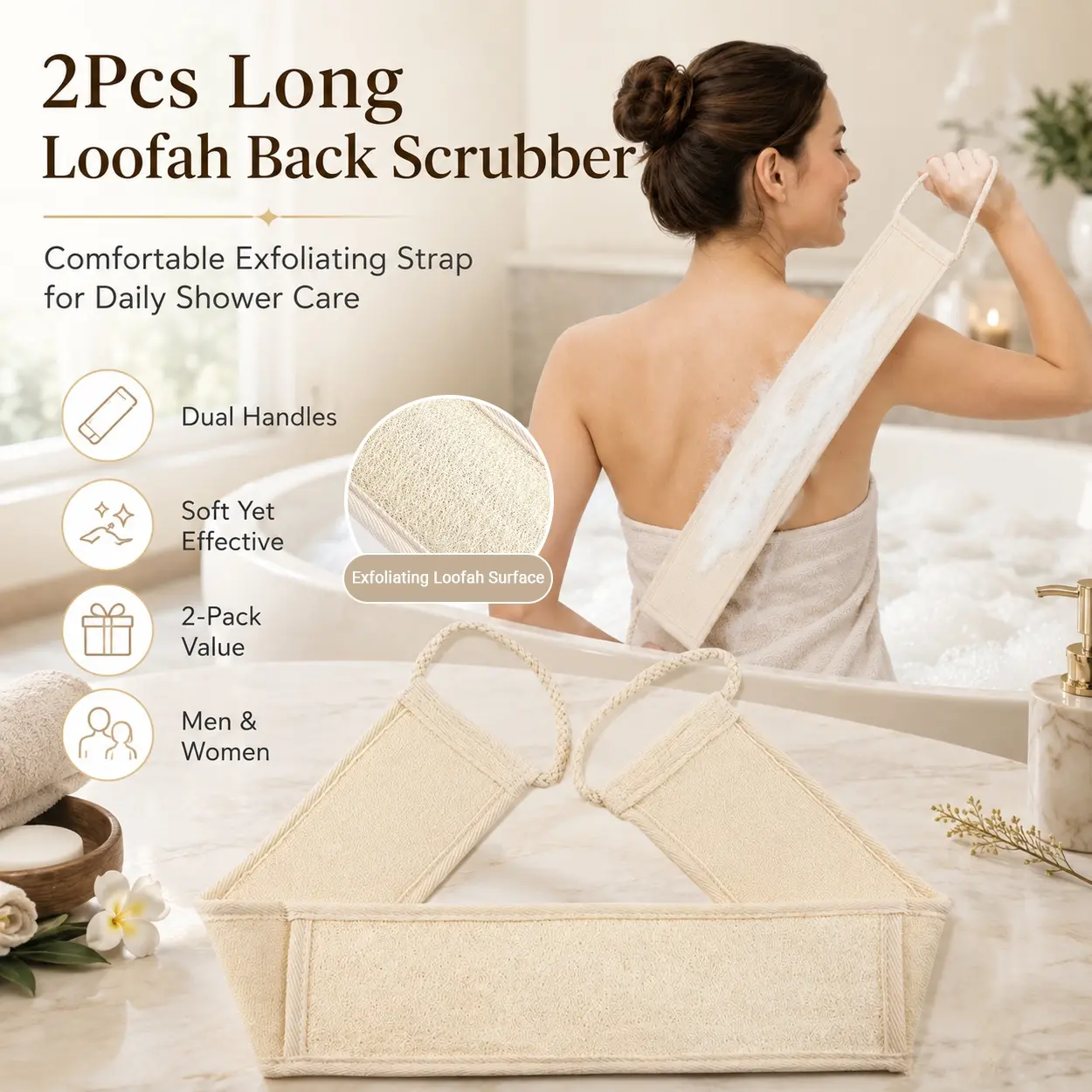 2Pcs Long Loofah Shower Scrubber, Exfoliating Back Washing Strap with Easy Grip Handles, Deep Clean Body Sponge for Dead Skin Removal, Rich Lather Bath Towel for Men Women, Shower Room, Bathtub, Gym, Dorm, Hotel, Vacation and Daily Bath Routine