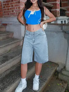 Women's Solid Color Pocket Casual Bermuda Denim Shorts, Vintage Loose Straight Fit Cycling Shorts, Spring & Fall Fashion, Casual Relaxed Shorts