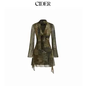 Cider Mesh V-neck Abstract Knotted Twist Ruched Mini Dress SummerFinds