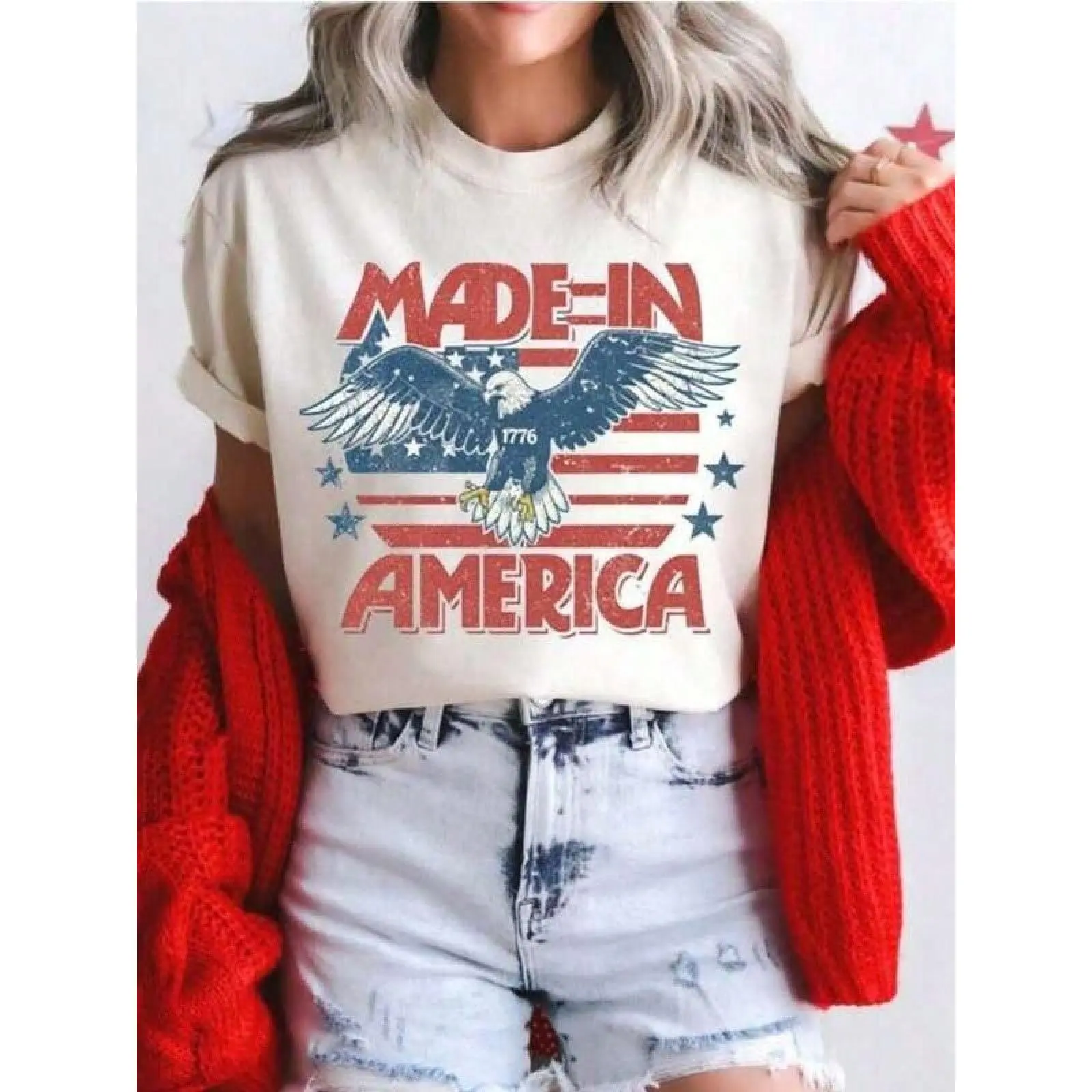 Made In America Western July 4th Tee 4th Of July Tshirt Country July 4th Shirt Western Tshirt Country Concert Shirt Music Festival ShirtPrinted Round Neck Short Sleeve Women's Tee - Daily Casual, Sports & Fitness, All Seasons