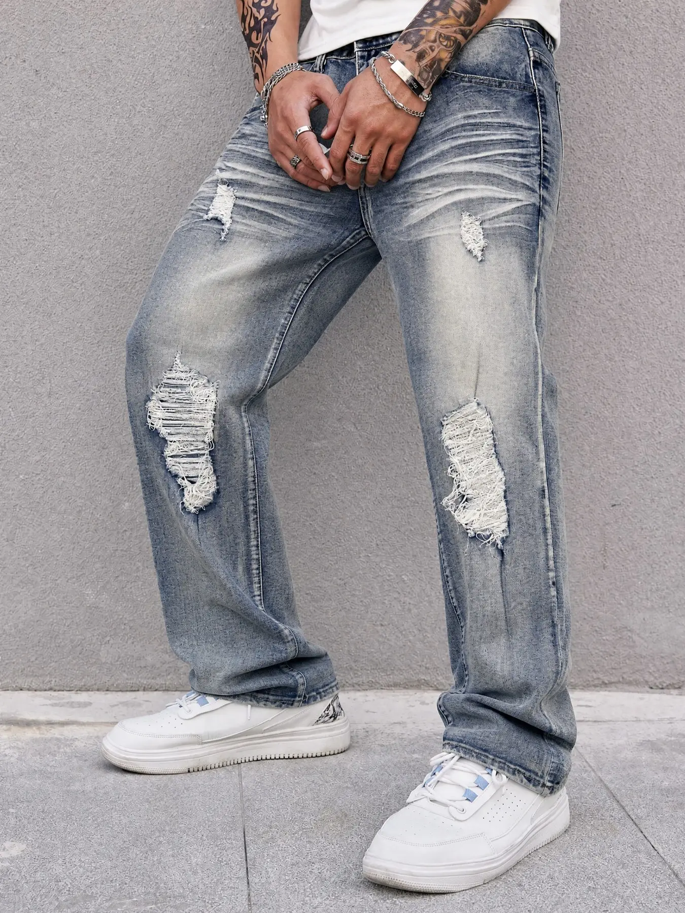 American Vintage Mud Washed Ripped Slim Fit Jeans for Men, High Street Y2K Knee Tear Frayed Edge Streetwear Long Pants