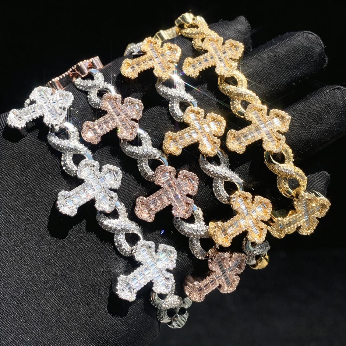 Iced Out Cross Infinity Link Bracelet Moissanite Diamond Hip Hop Jewelry for Men Women, Cuban Chain Micro Pave Bling Bracelet in Gold Silver Rose Gold, Luxury Statement Rapper Style Unisex Wrist Chain Gift for Party Anniversary Birthday