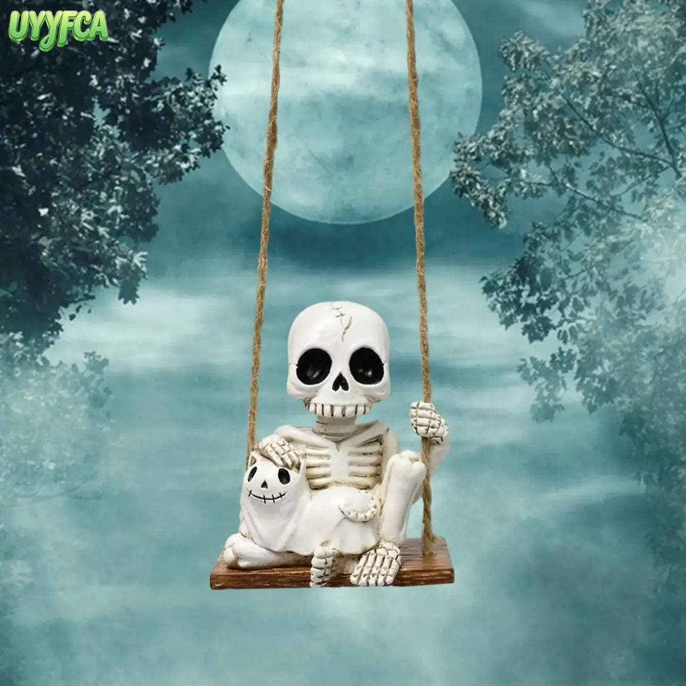 Halloween Skeleton & Ghost Cat Swing Charm - Hand-Painted Resin Figurine, Spooky Bag Accessory, Halloween Decor, Outdoor Garden Statues & Sculptures, Party Decoration for Tree Displays