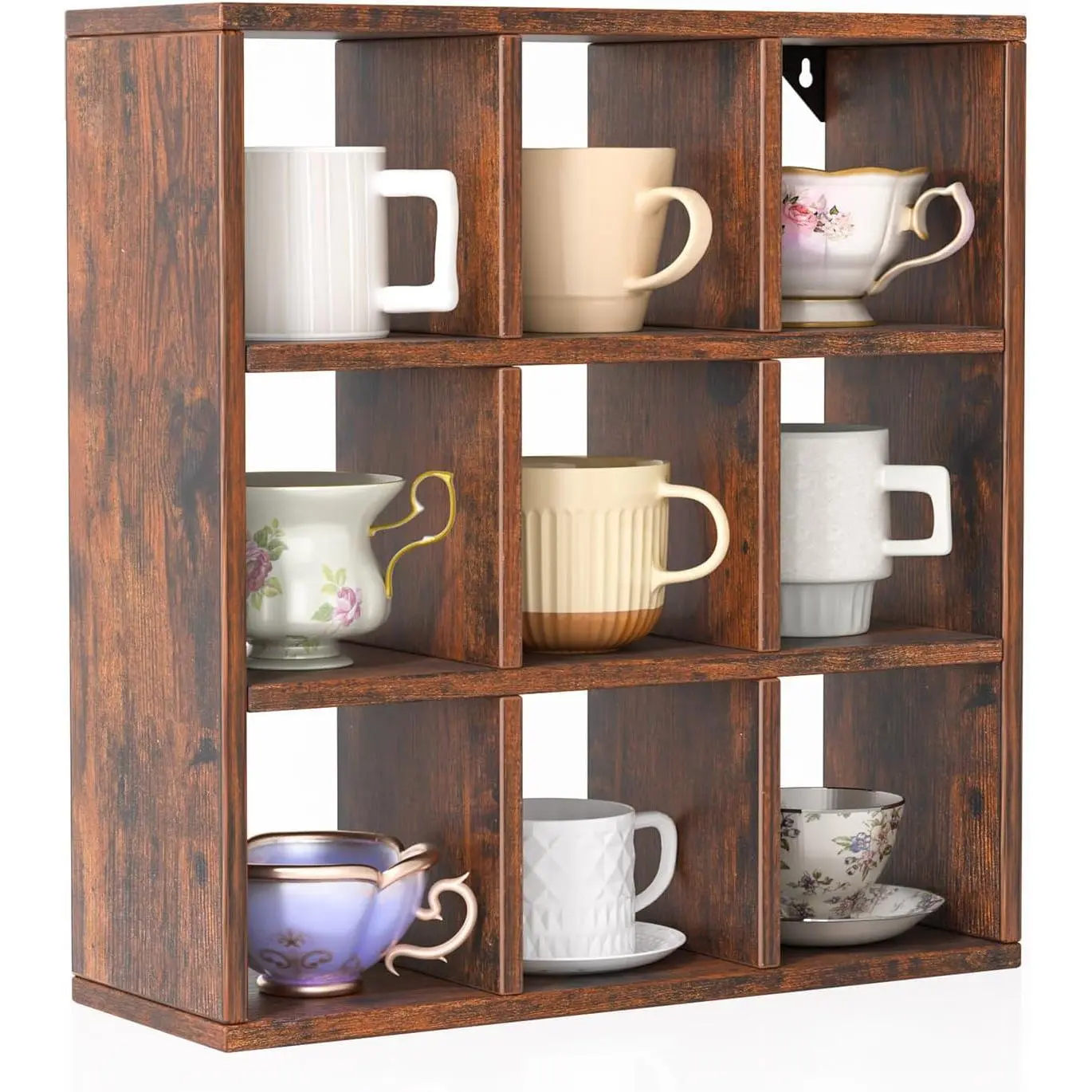9 Grid  Coffee Mug Display Rack, 16inch Wall Mounted Wooden Curio Shadow Box Shelf, Cup Floating Shelves Display and Organizer (Bronze)